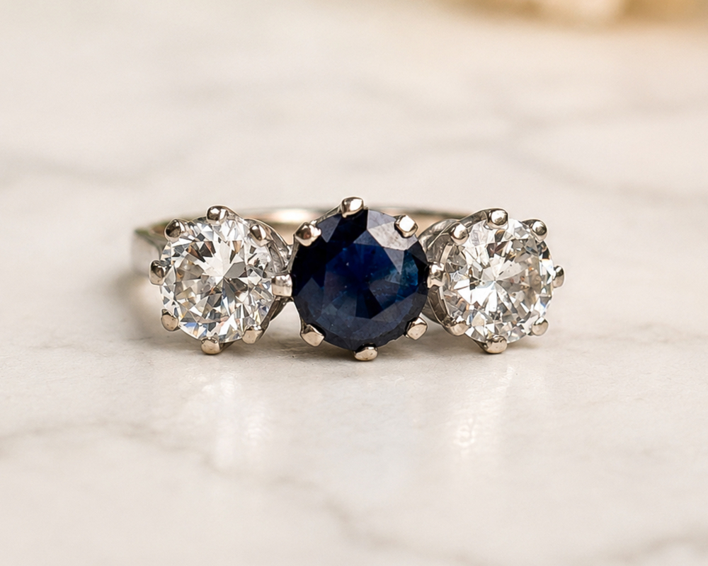 1930s sapphire and diamond 3 stone antique 1930s sapphire and diamond ring in 18ct white gold for sale in Leeds