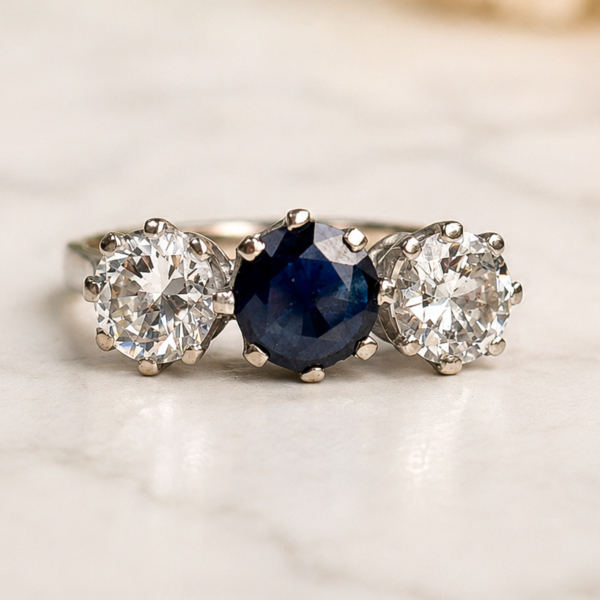 antique 1930s sapphire and diamond ring in 18ct white gold for sale in Leeds