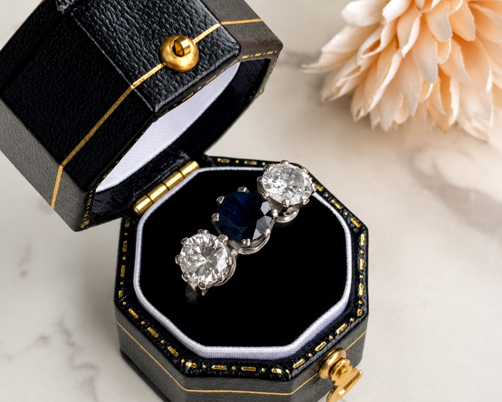 antique 1930s sapphire and diamond ring in 18ct white gold for sale in Leeds, in a black ring box