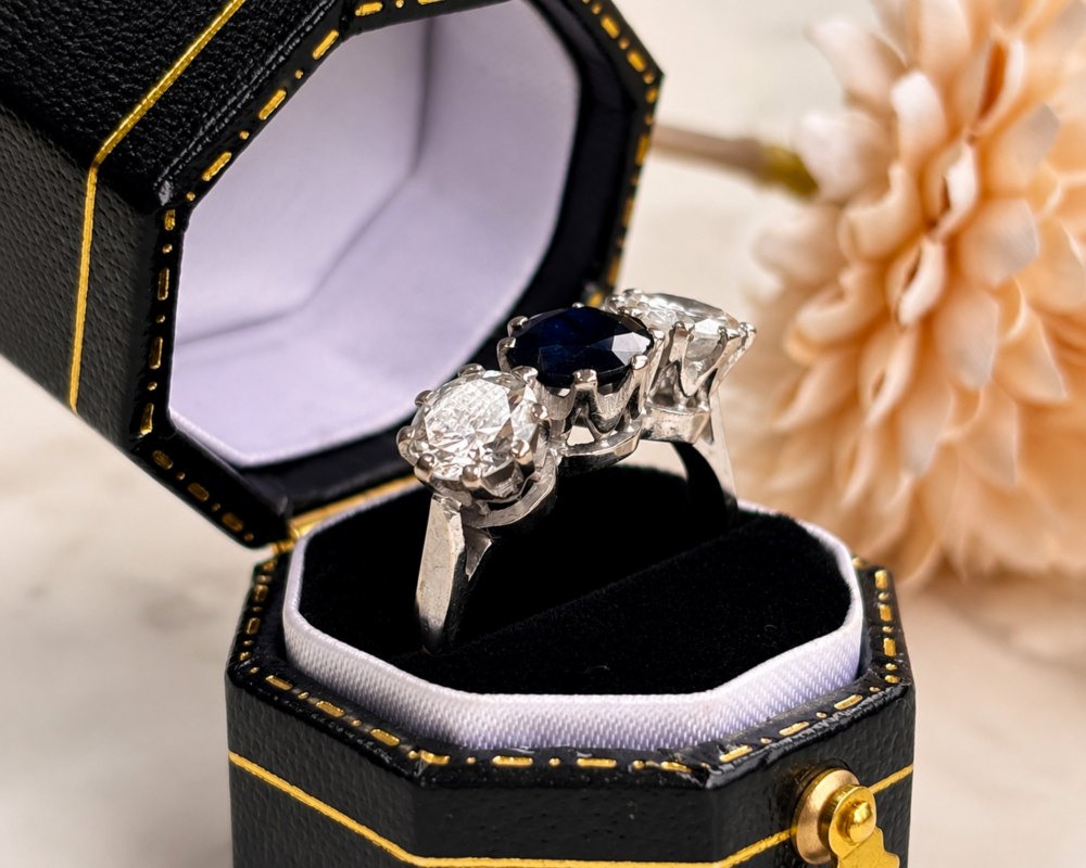 antique 1930s sapphire and diamond ring in 18ct white gold for sale in Leeds in a black ring box