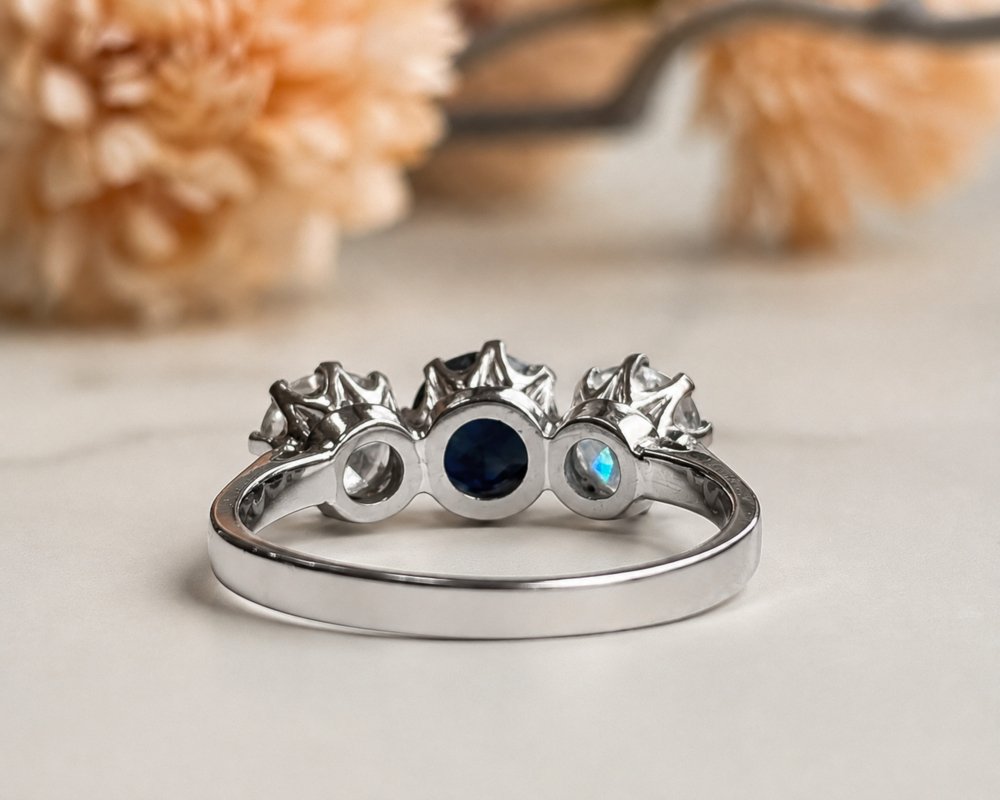 antique 1930s sapphire and diamond ring in 18ct white gold for sale in Leeds, back profile of the ring