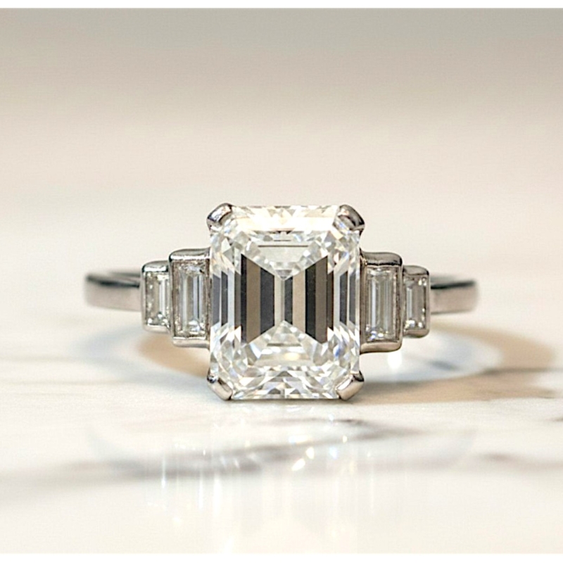 antique Art deco emerald cut diamond ring with 2.83ct stone and baguette cut diamond shoulders for sale in Leeds