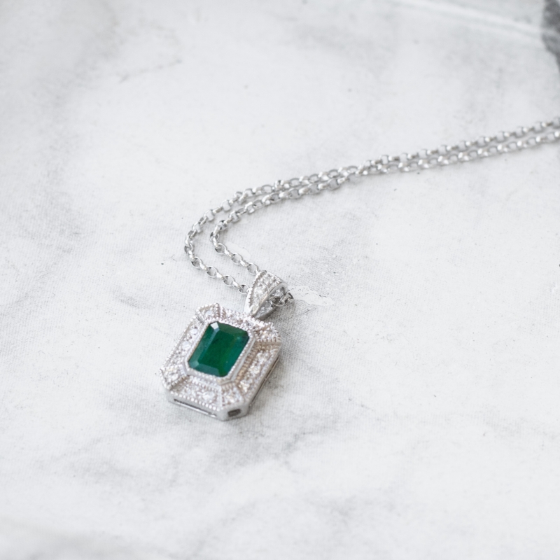 art deco style emerald and diamond pendant necklace for sale in 9ct white gold