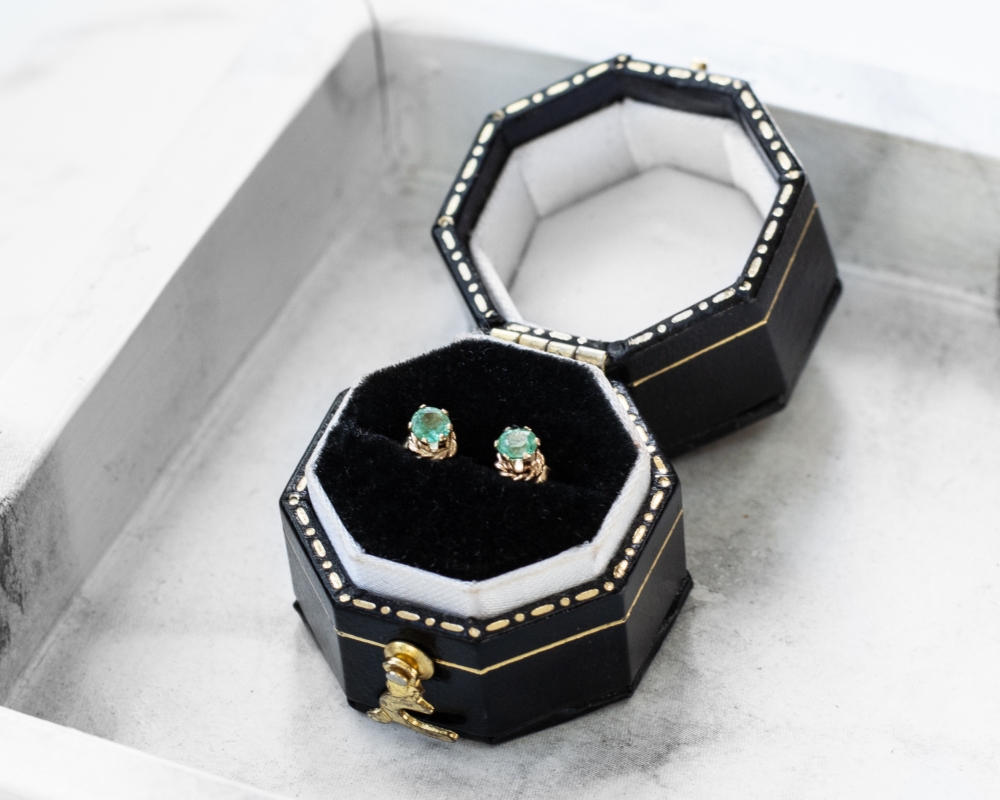 9ct gold and emerald small stud earrings for pierced ears in presentation box