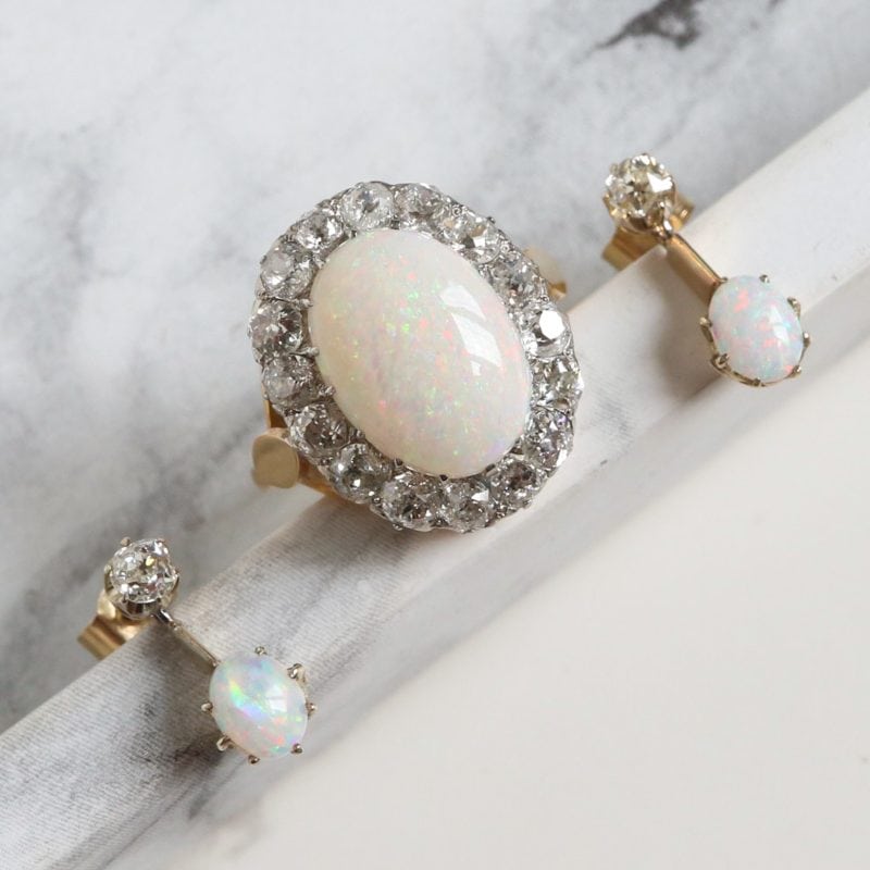 Antique Victorian opal and diamond cluster ring with matching earrings for sale in Leeds, Yorkshire