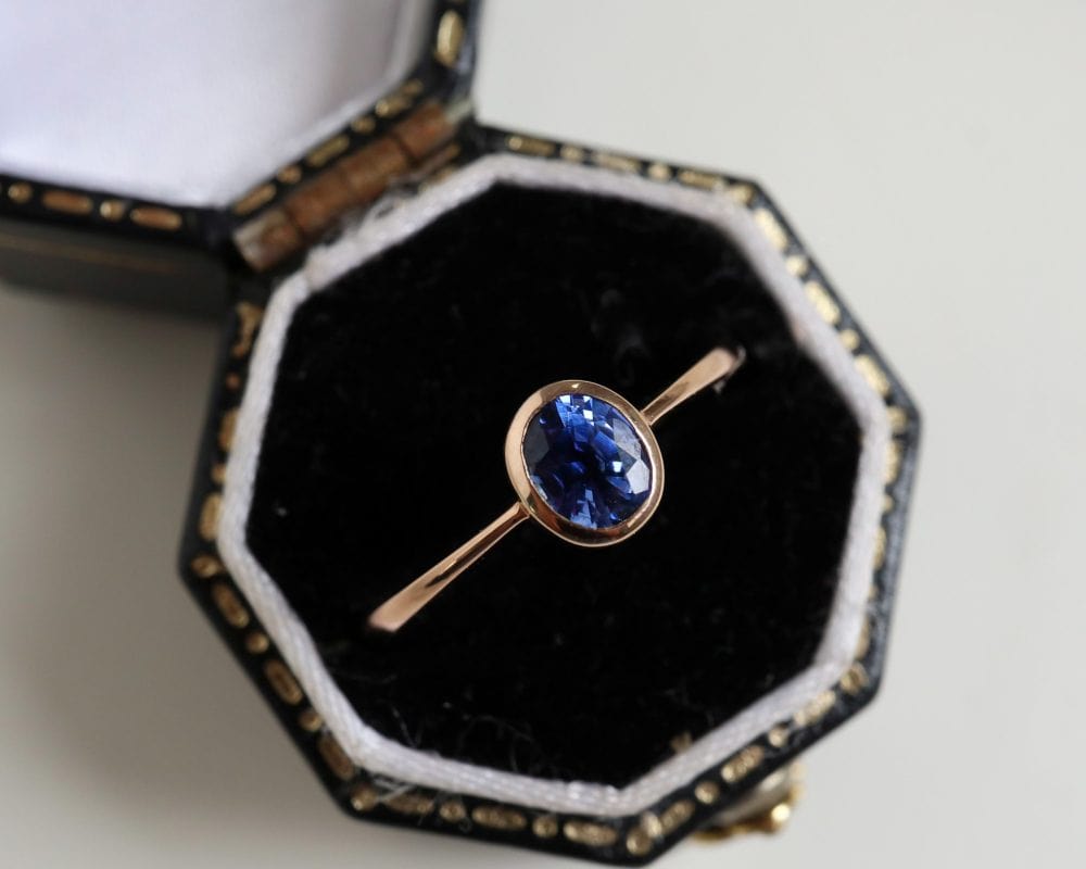 Contemporary sapphire and rose gold ring for sale