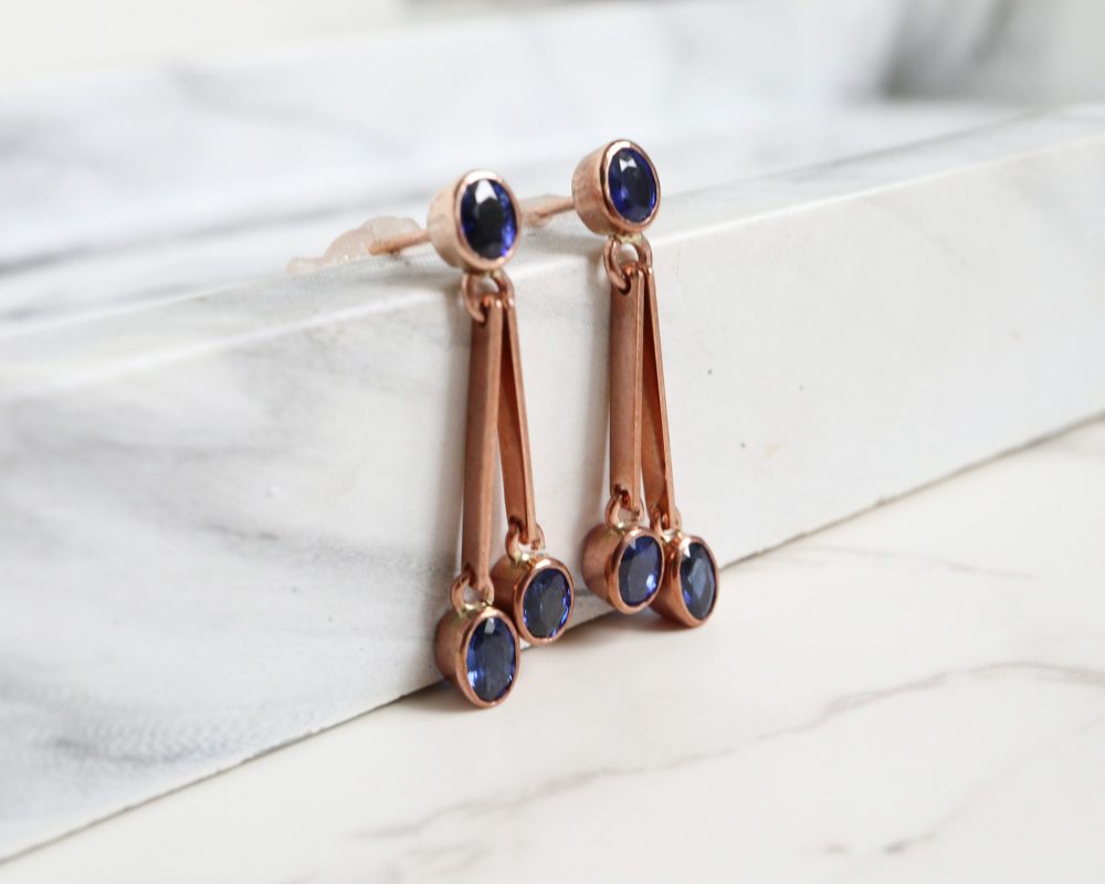Contemporary sapphire and rose gold drop earrings for sale