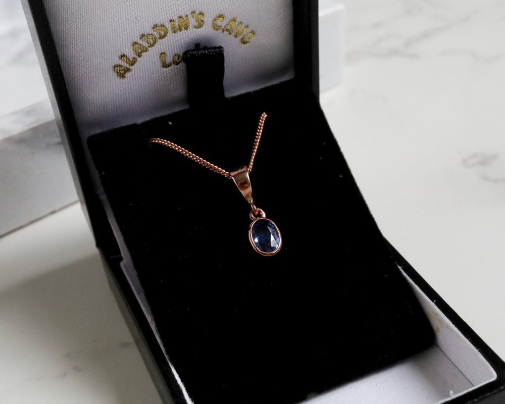 Modern 9ct rose gold and sapphire pendant necklace for sale