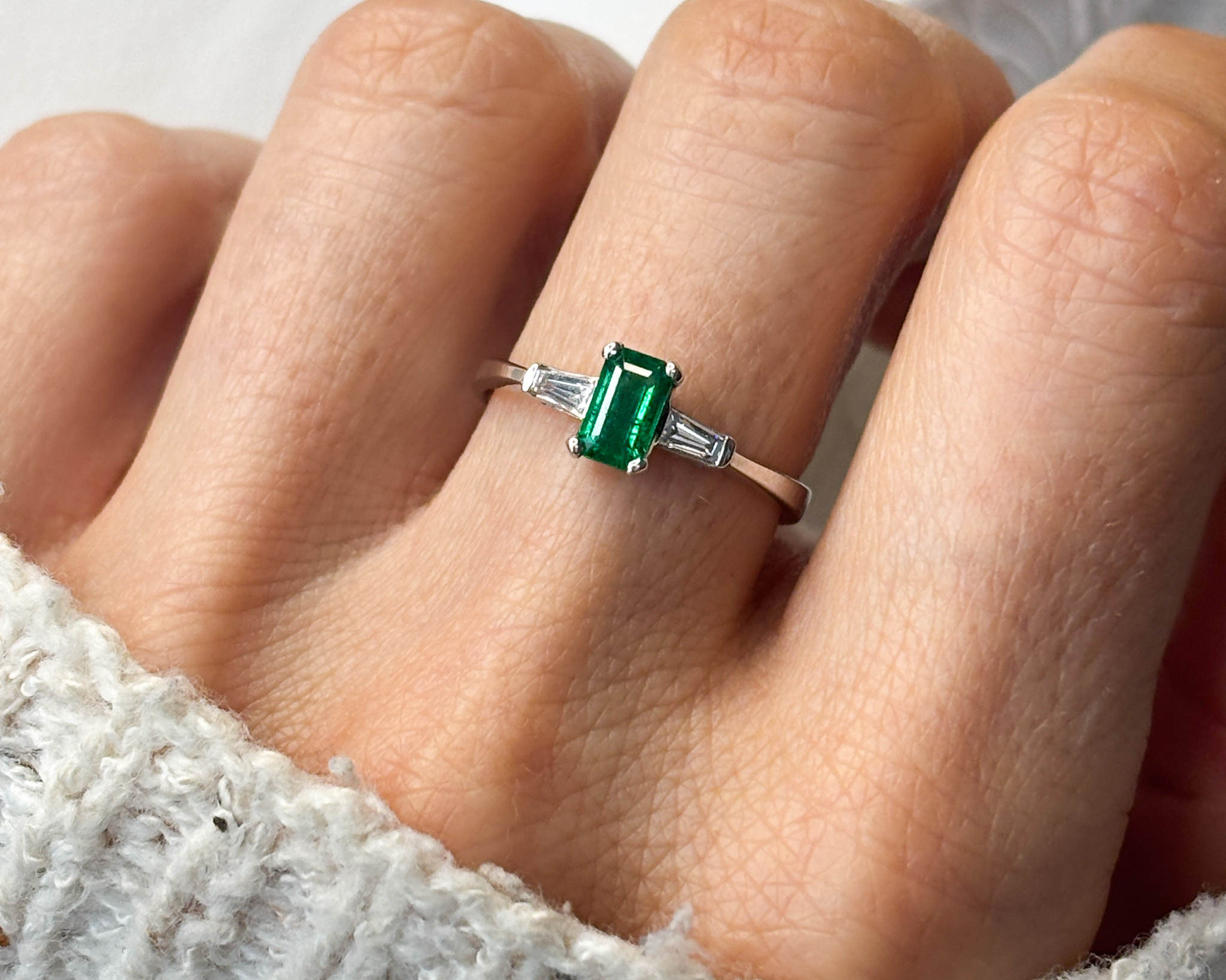 art deco style emerald and baguette diamond three stone ring for sale