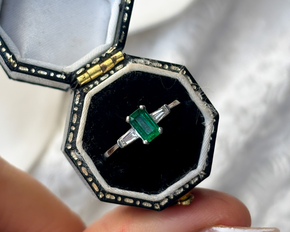 art deco style emerald and baguette diamond three stone ring for sale