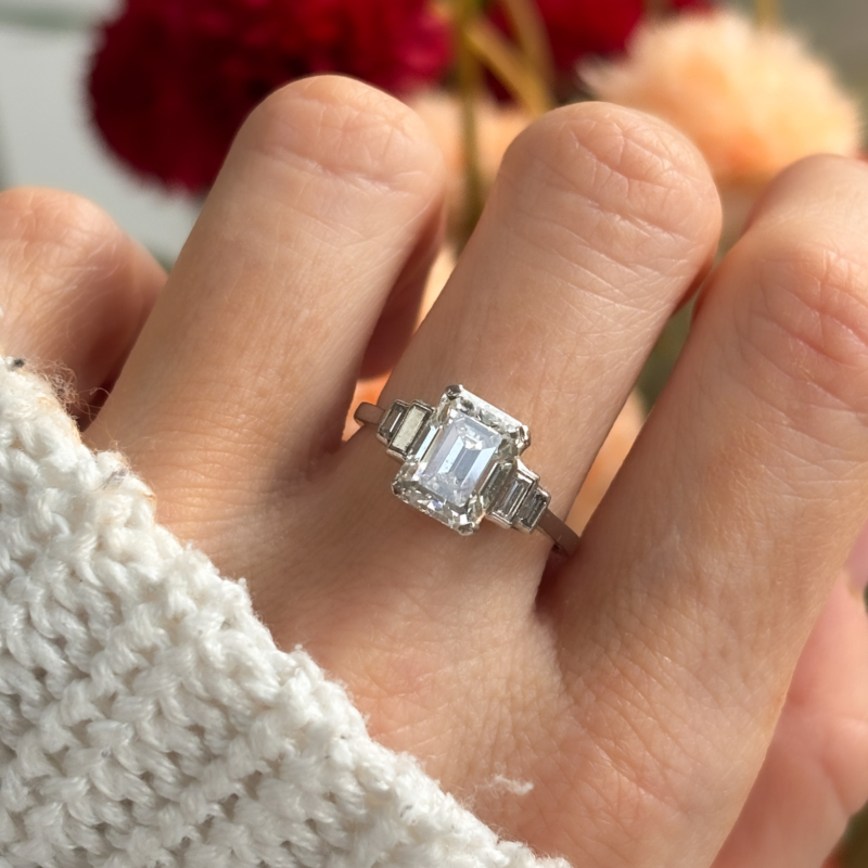 art deco emerald cut diamond ring in platinum 2.83ct centre stone