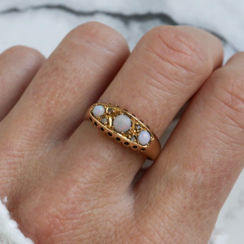 Edwardian opal gypsy ring with diamonds in 18ct yellow gold for sale in Leeds