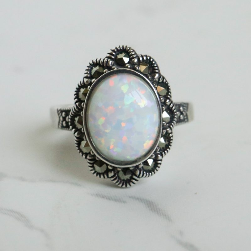 Vintage style silver, marcasite and opal cluster ring for sale in Leeds, Yorkshire