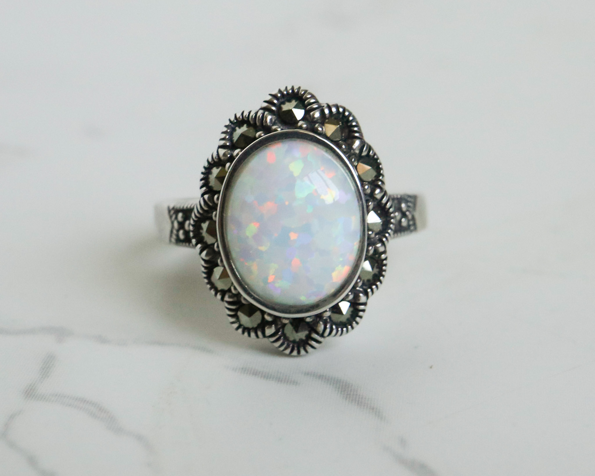 Vintage style silver, marcasite and opal cluster ring for sale in Leeds, Yorkshire