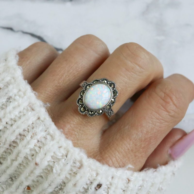 Vintage style silver, marcasite and opal cluster ring for sale in Leeds, Yorkshire