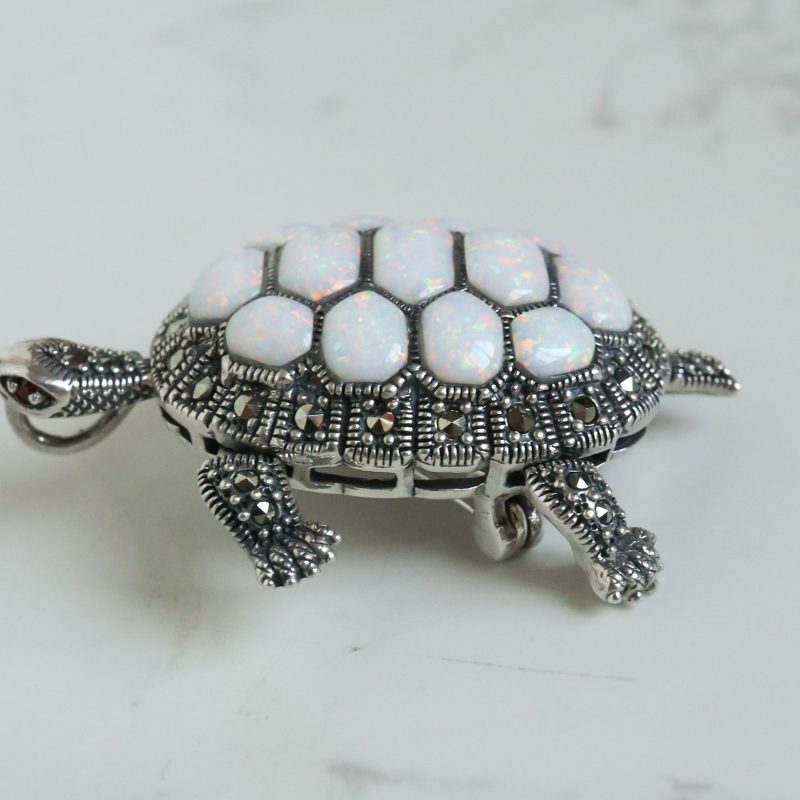 Vintage style opal tortoise brooch in silver and marcasite for sale in Leeds, Yorkshire