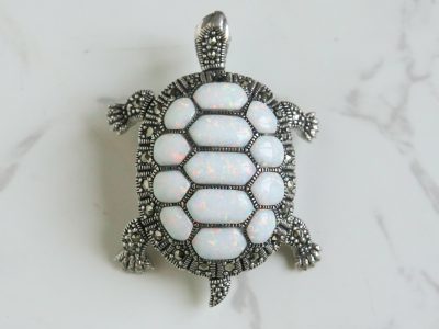 Vintage style opal tortoise brooch in silver and marcasite for sale in Leeds, Yorkshire