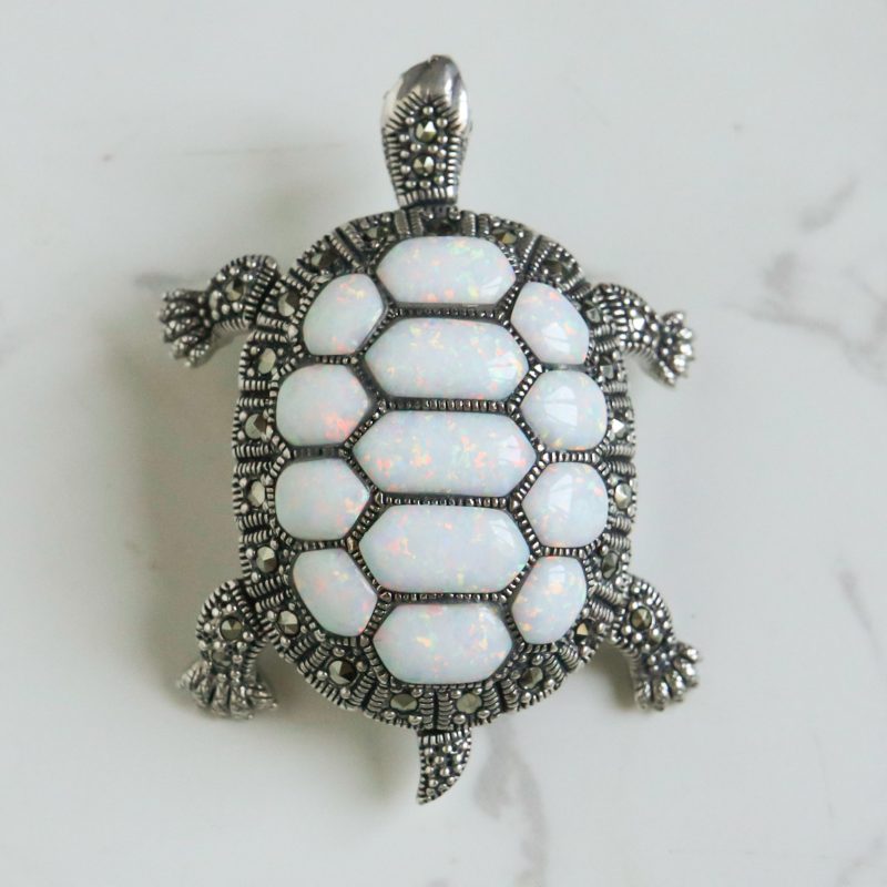 Vintage style opal tortoise brooch in silver and marcasite for sale in Leeds, Yorkshire
