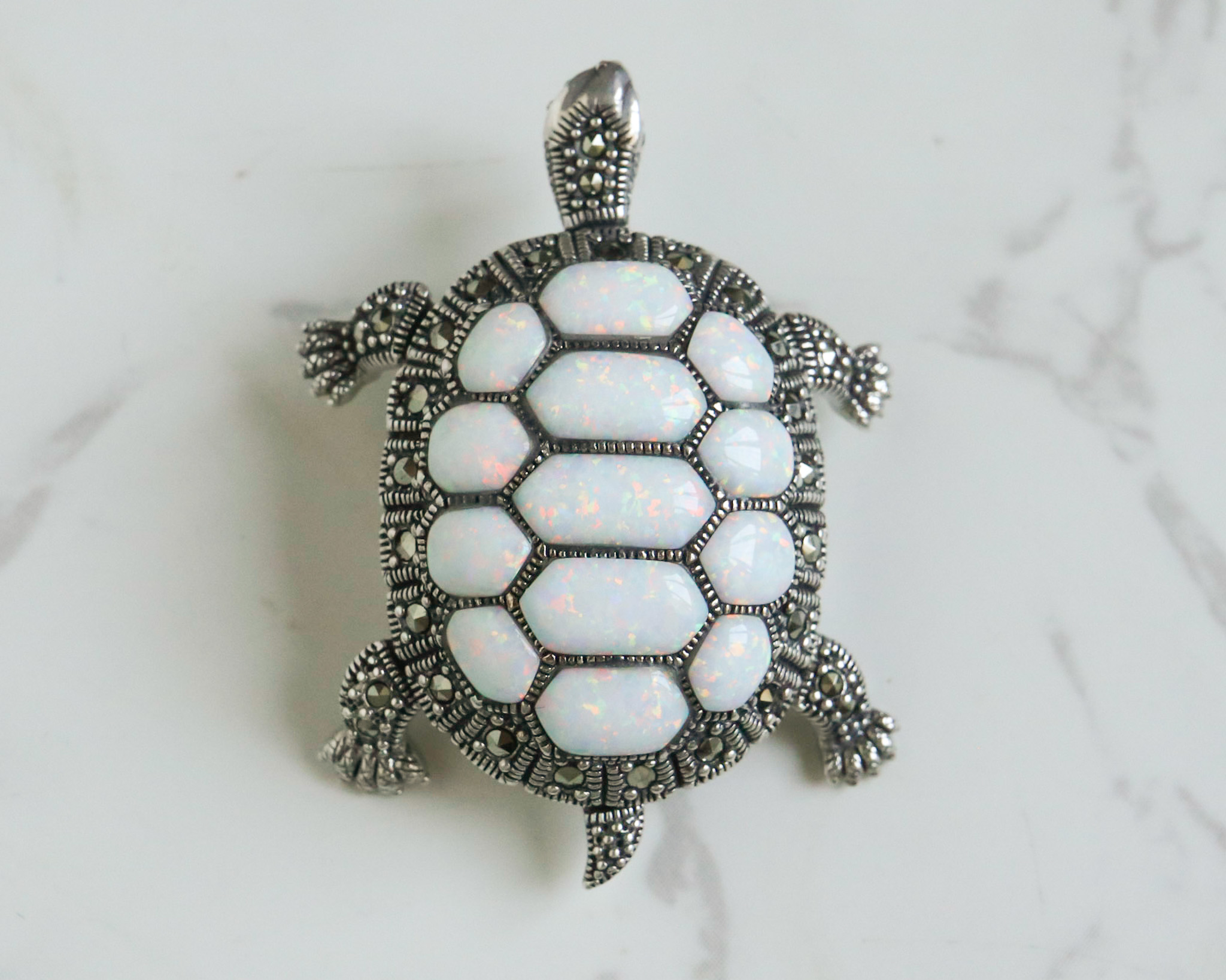 Vintage style opal tortoise brooch in silver and marcasite for sale in Leeds, Yorkshire