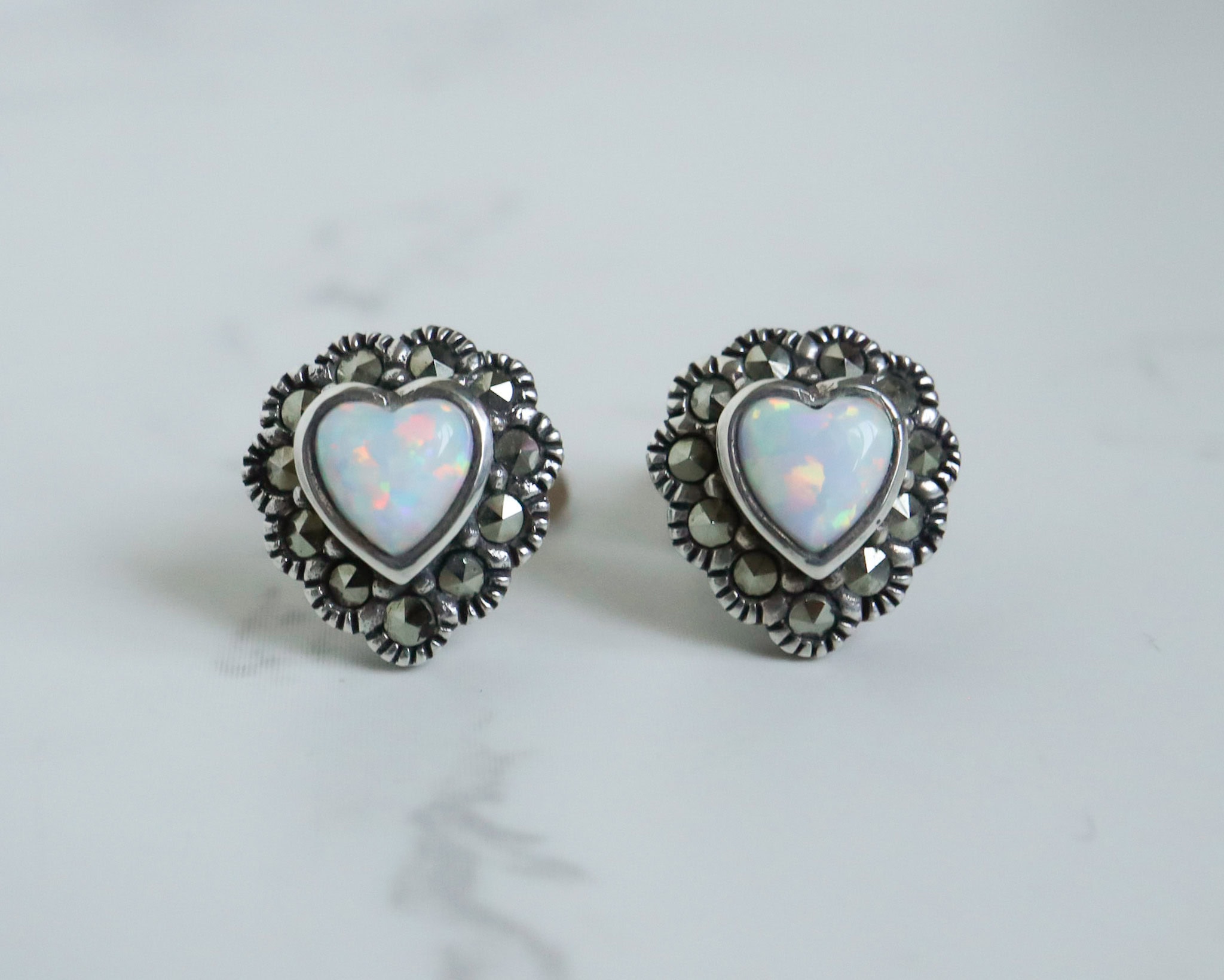 Vintage style opal studs in silver and marcasite for sale in Leeds, Yorkshire