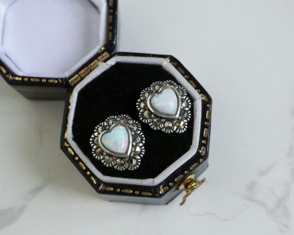 Vintage style opal studs in silver and marcasite for sale in Leeds, Yorkshire