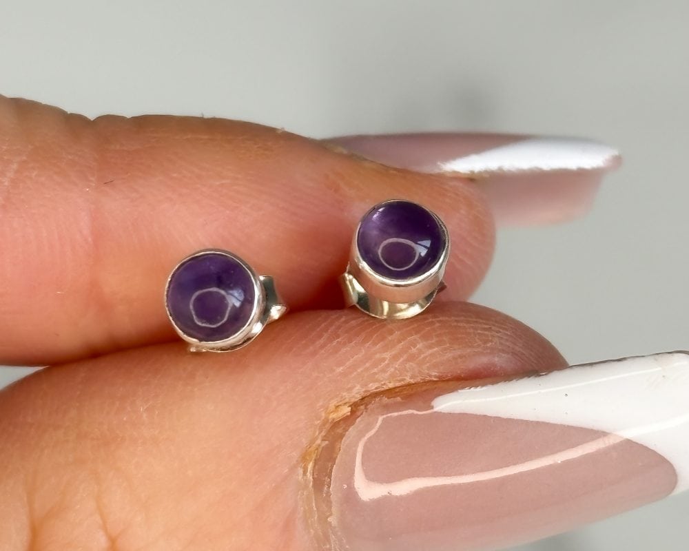Silver and amethyst stud earrings for pierced ears
