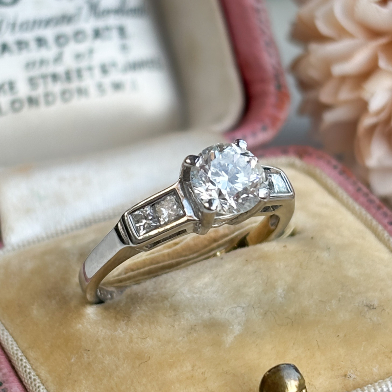 vintage diamond solitaire ring 1ct brilliant cut, diamond shoulders in 18ct white gold