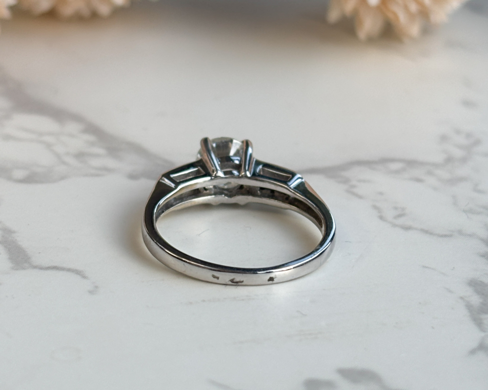 vintage diamond solitaire ring 1ct brilliant cut, diamond shoulders in 18ct white gold, showing back of the ring