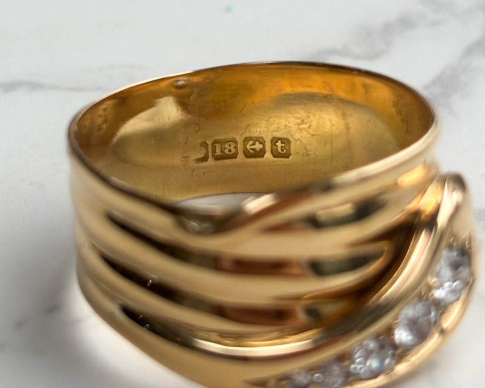 antique diamond snake ring in 18ct yellow gold, with hallmarks for 1918 and 0.5ct old cut diamonds for sale in Leeds, showing hallmark