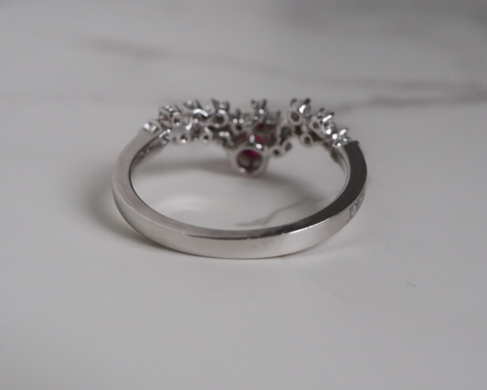 18ct white and ruby wishbone ring for sale in Leeds