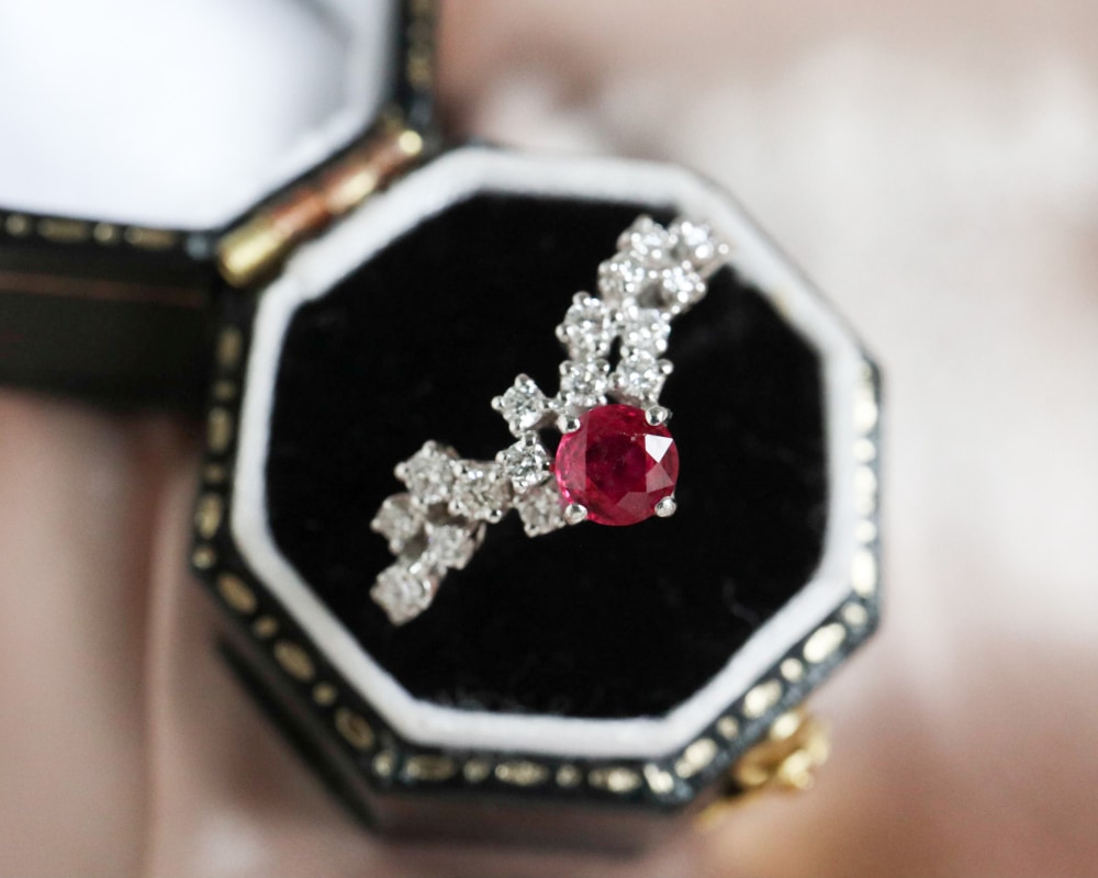 18ct white and ruby wishbone ring for sale in Leeds
