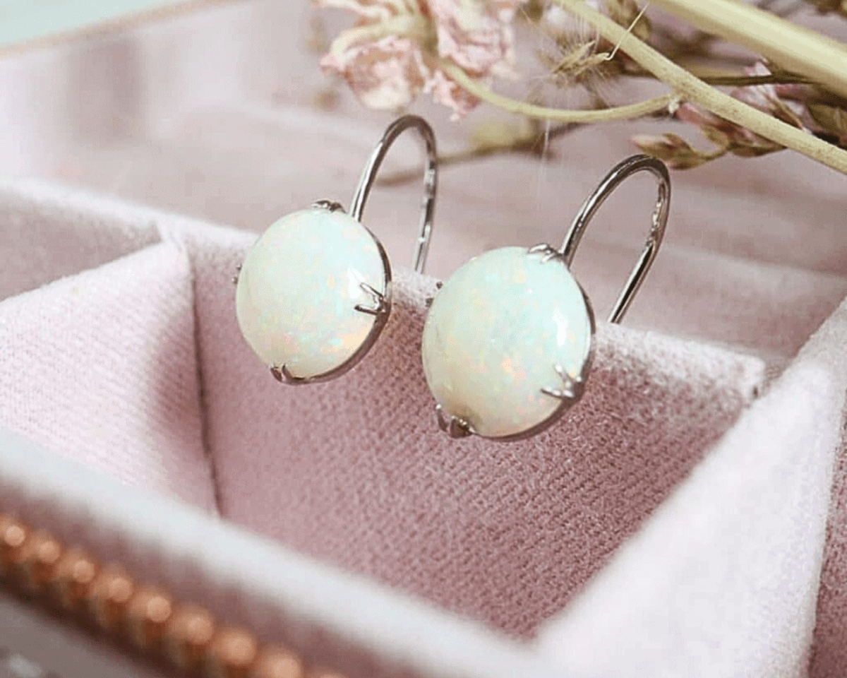 antique opal earrings circa 1930s with 9ct white gold ear wire fastenings