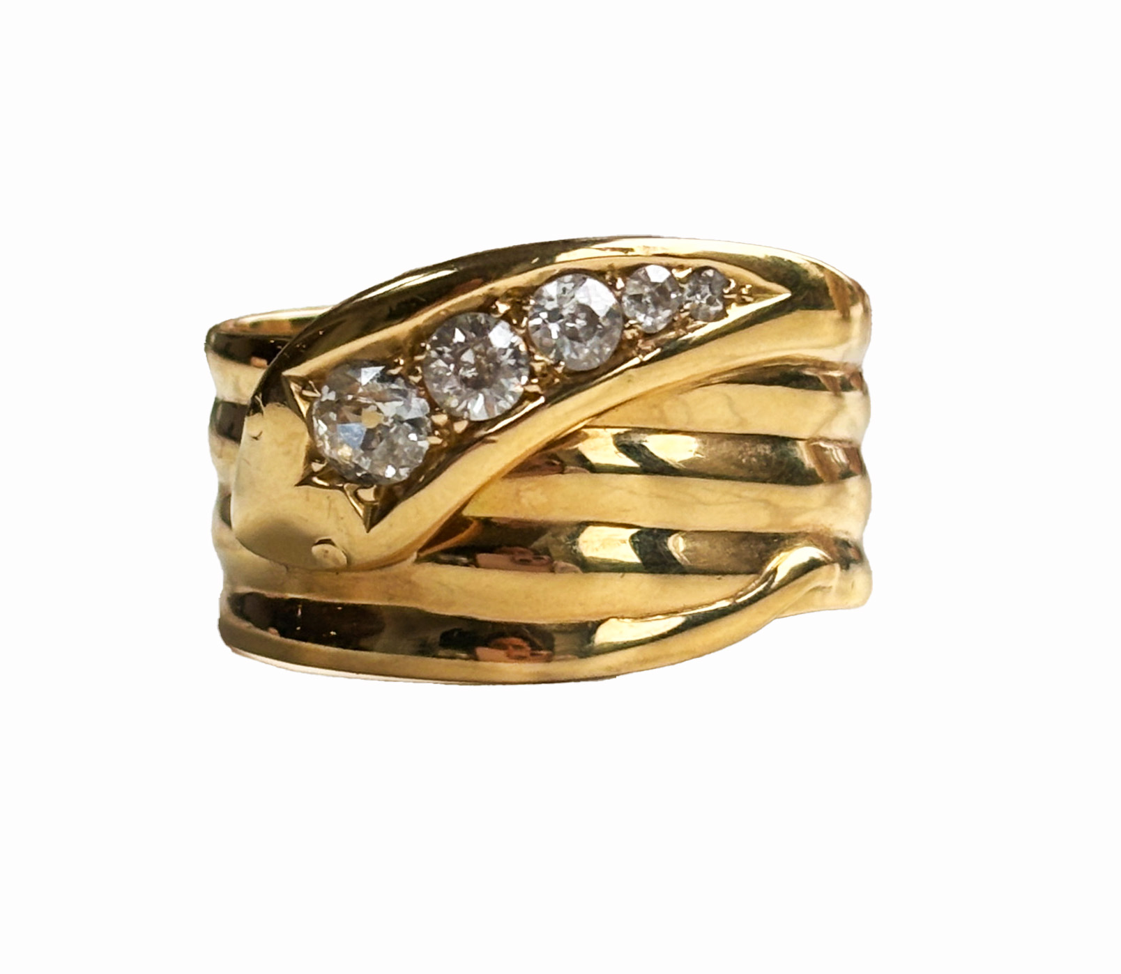 antique diamond snake ring in 18ct yellow gold, with hallmarks for 1918 and 0.5ct old cut diamonds for sale in Leeds