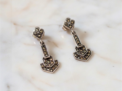 art deco style silver and marcasite drop earrings for sale in Leeds