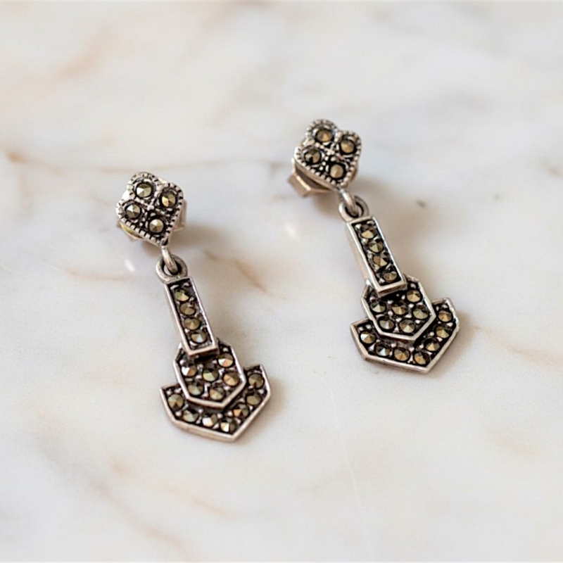 art deco style silver and marcasite drop earrings for sale in Leeds