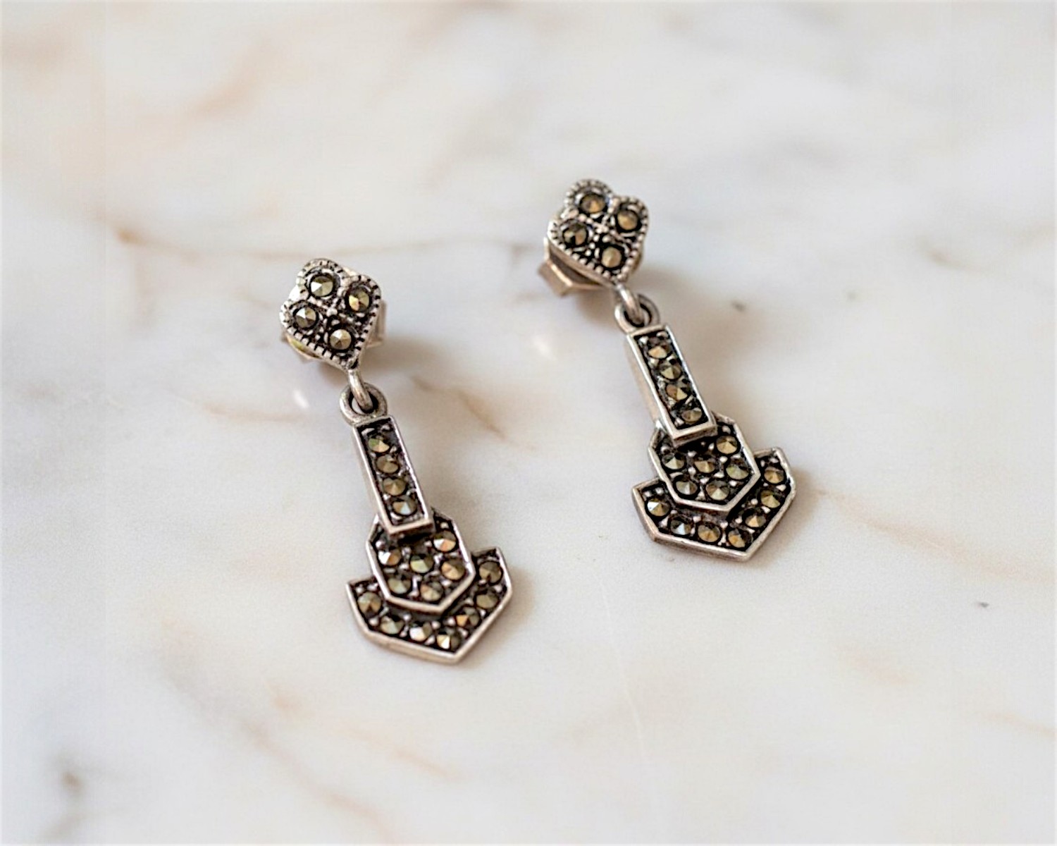 art deco style silver and marcasite drop earrings for sale in Leeds