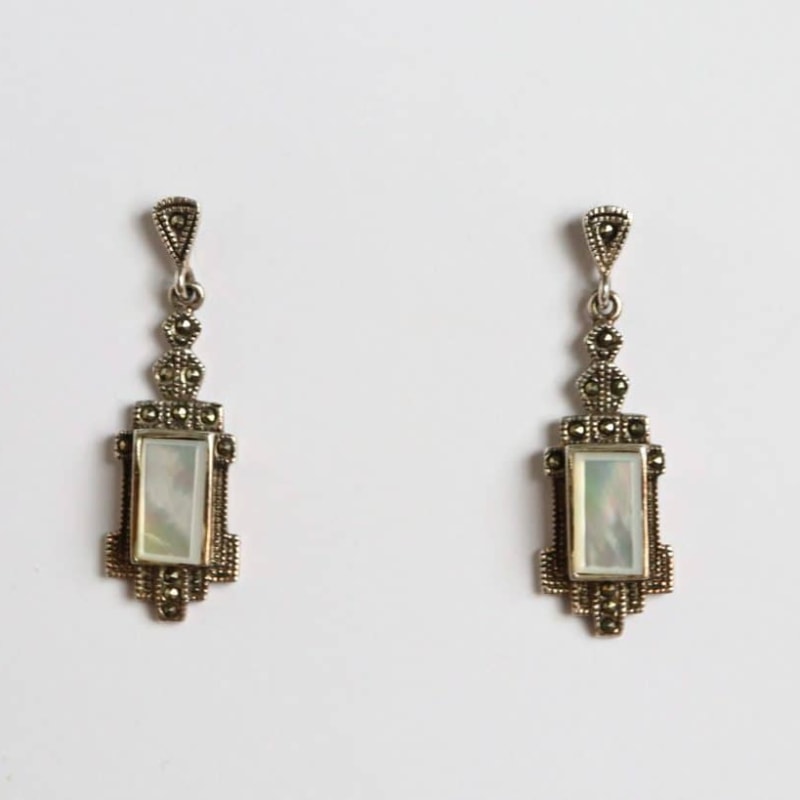 art deco style silver, marcasite and mother of pearl drop earrings