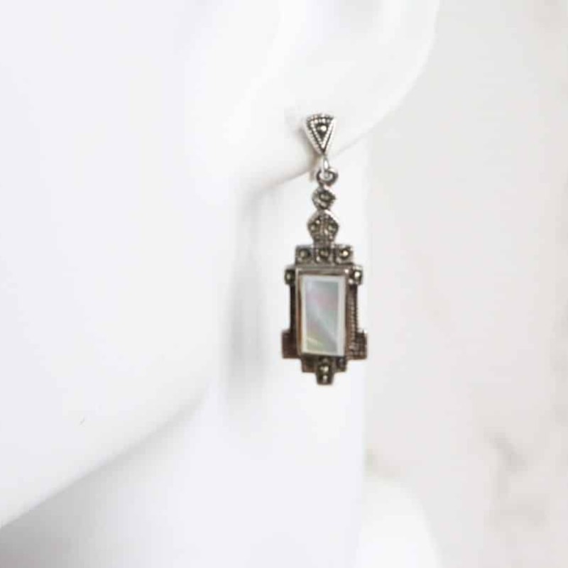 art deco style silver, marcasite and mother of pearl drop earrings