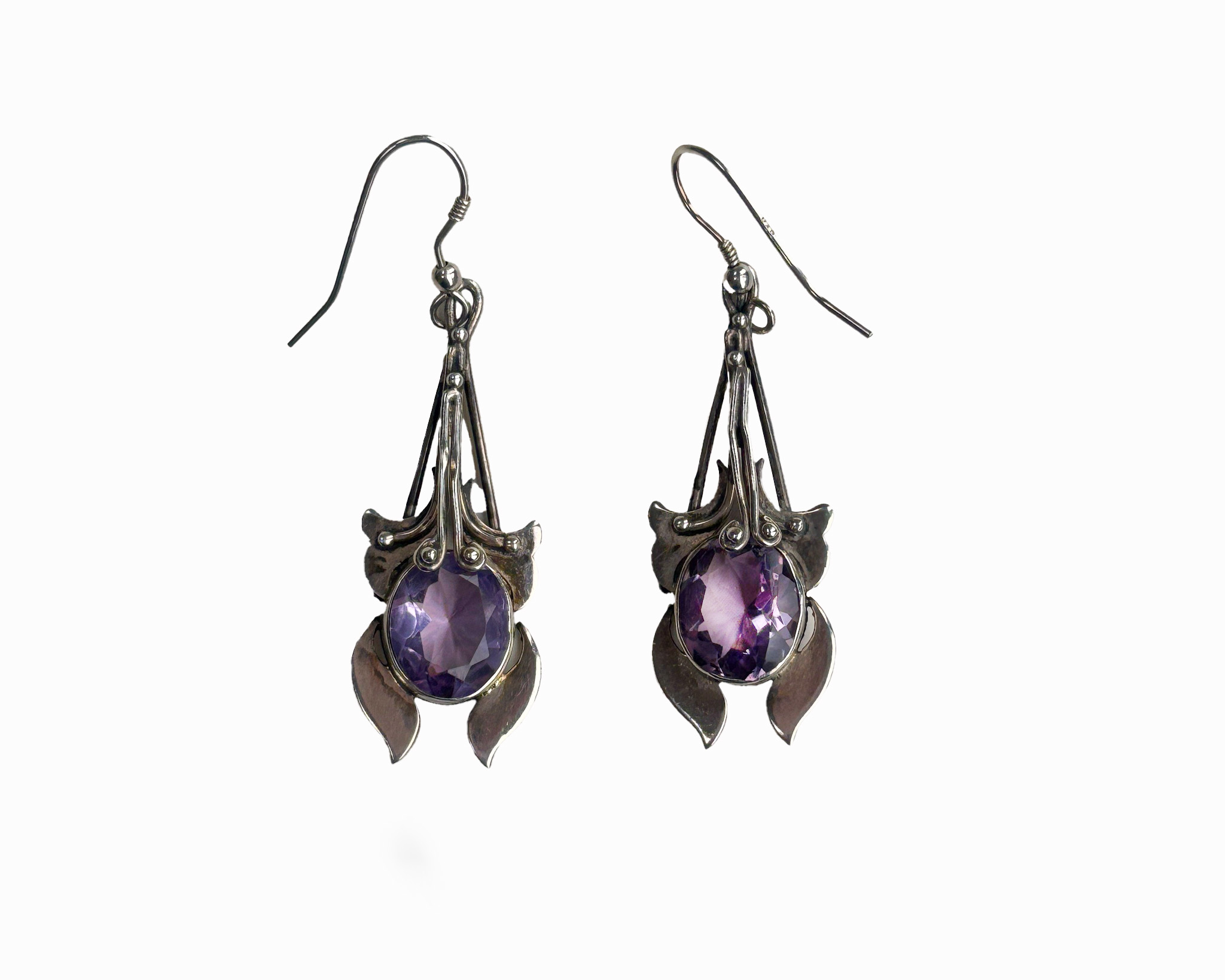 Art Nouveau silver and amethyst drop earrings for sale