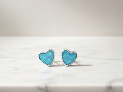 silver and light blue heart shaped opal studs for sale in Leeds