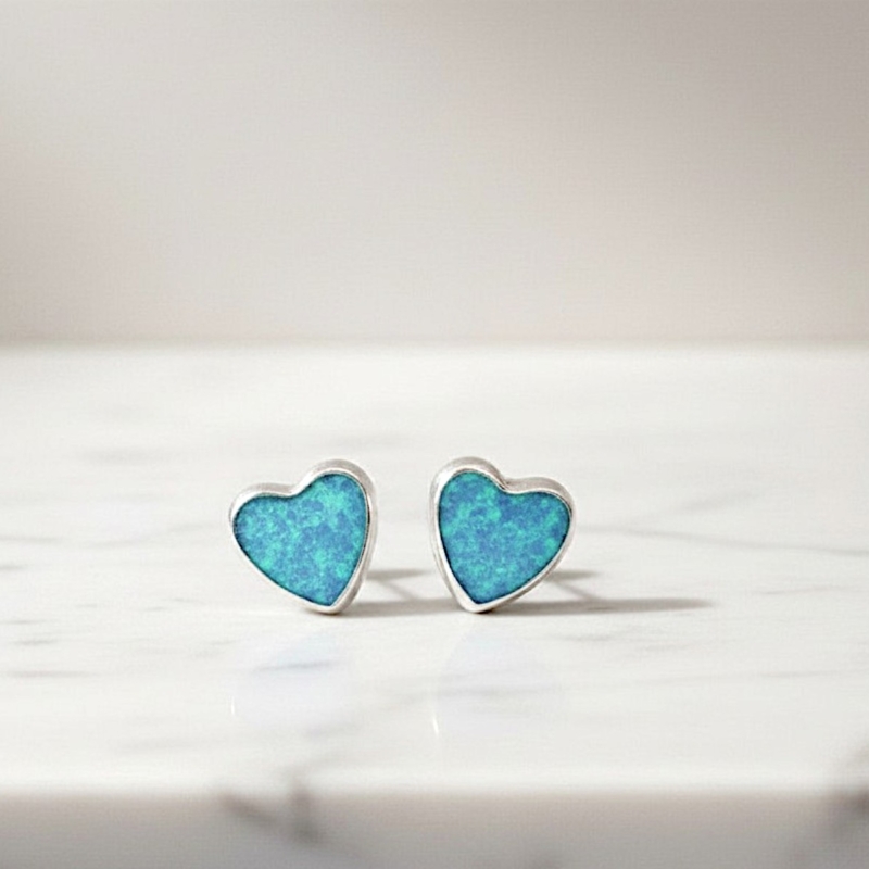 silver and light blue heart shaped opal studs for sale in Leeds