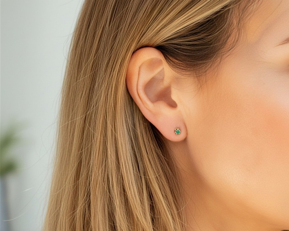 9ct gold emerald claw set stud earrings for sale in model's ear