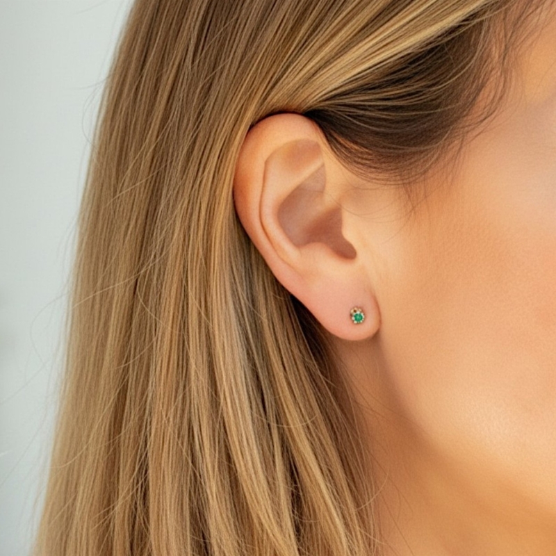 9ct gold emerald claw set stud earrings for sale in model's ear