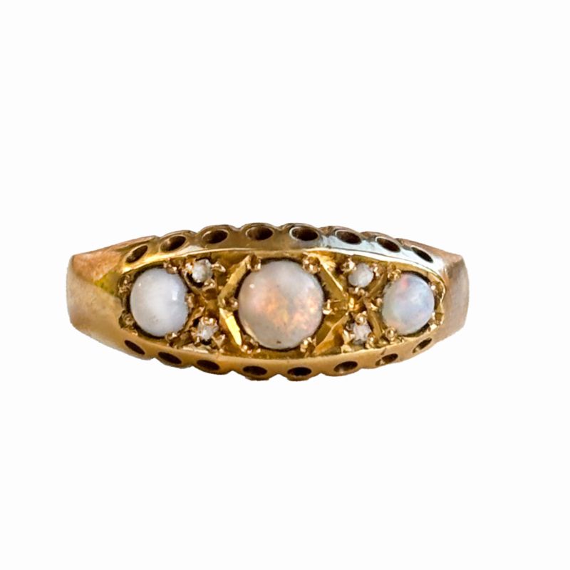 antique Edwardian opal and diamond ring in 18ct yellow gold in gypsy style setting for sale in Leeds