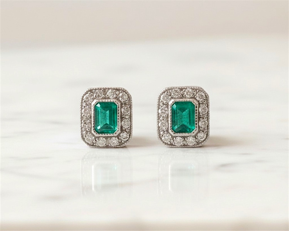 emerald art deco style emerald and diamond studs