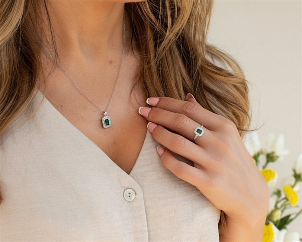 art deco style emerald and diamond necklace for sale, shown on a model wearing the matching ring