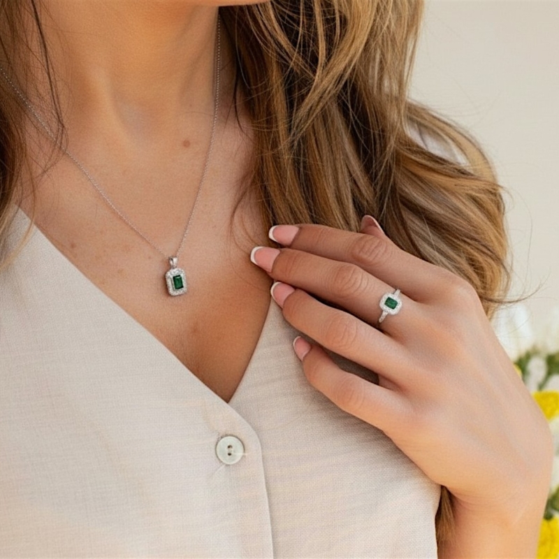 art deco style emerald and diamond necklace for sale, shown on a model wearing the matching ring
