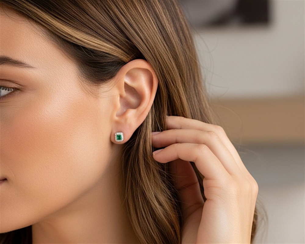 art deco style emerald and diamond studs in white gold for sale in Leeds shown in a model's ear