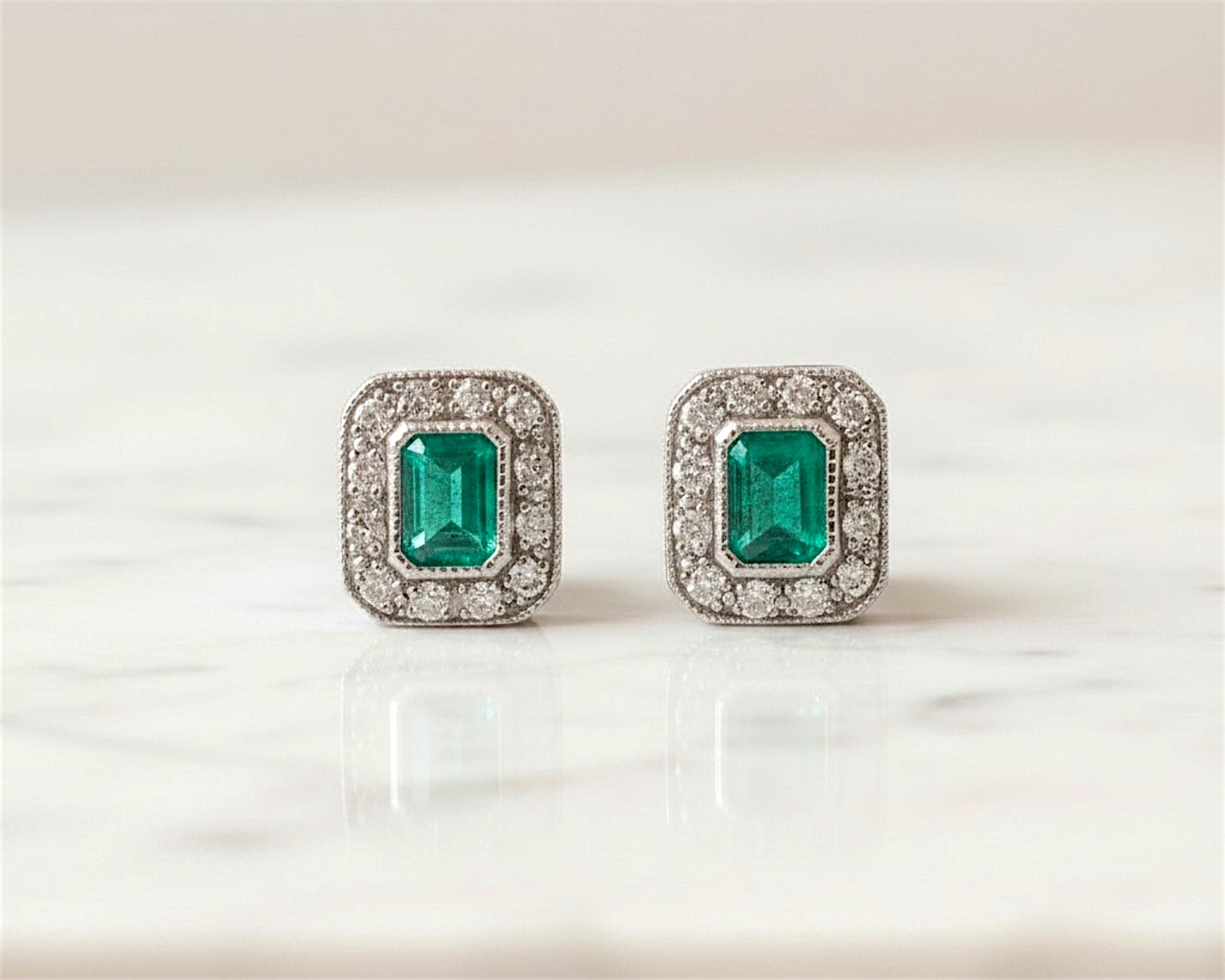 art deco style emerald and diamond studs