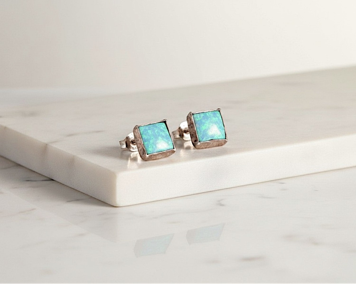 light blue square opal studs